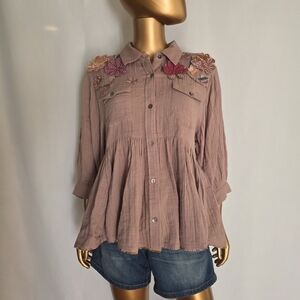 ivy jane Mauve Embroidered Button-Down Peplum Blouse